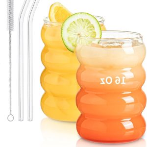 Glazen met rietjes - Vintage drinkglazen - IJskoffie serveren - Unieke golfvorm - 16 oz set van 2 - Helder