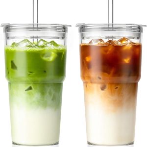 Glazen voor ijskoffie (ca. 600 ml) met deksels en rietjes (set van 2) - Helder glas voor ijskoffie, espresso, cappuccino en sap; BPA-vrij en vaatwasserbestendig