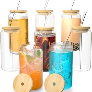 Glazenset met deksel en rietjes - 8 stuks - 450 ml drankglazen - Voor ijskoffie, cocktails en bubble tea