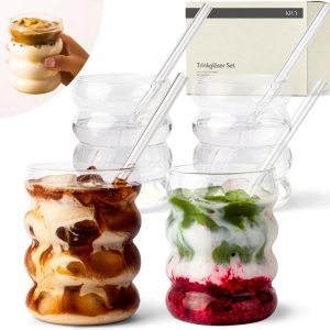 Glazenset met rietjes - Longdrinkglazen - IJskoffie en cocktails - Vaatwasmachinebestendig - 4 x 350 ml - Transparant