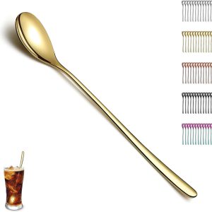 Gouden Latte Macchiato Lepel Set van 12 Stuks, Titanium Plating Gouden Roestvrijstalen Theelepel, Roerstaaf Lepel, Koffielepel, Ijslepel, Cocktaillepel