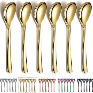 Gouden theelepels 6 stuks, 14 cm roestvrij staal titanium plating gouden koffielepels espressolepels, dessert, kleine miniset voor feesten, vaatwasmachinebestendig