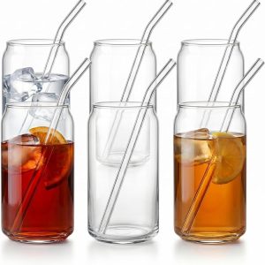Gouveo Set van 6 drinkglazen, doos 500 ml met 6 glazen rietjes, zonder deksel, blikvormige longdrinkglazen voor ijskoffie, cocktails, limonade, sap en ijsthee (TGR500)