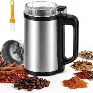 Graanmolen - Elektrische graanmolen - 500ml - Koffiemolen - Kruidenmolen met Handvat en Reinigingsborstel - voor Koffie, Kruiden en Noten - Keuken Accesoire - Zilver