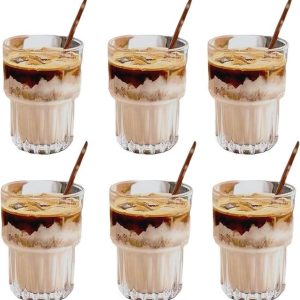 Grote stapelbare glazenset met 6 latte macchiato glazen in vintage Ripple design - Ideaal voor ijskoffie en desserts