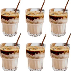 Grote stapelbare glazenset met 6 latte macchiato glazen in vintage Ripple design - Ideaal voor ijskoffie en desserts