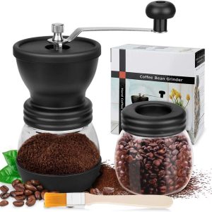 Handkoffiemolen, set van 2, roestvrij staal en glas, met keramische molen, traploos instelbaar, met reinigingsborstel, ideaal voor koffie, espresso, Franse pers en bovenop