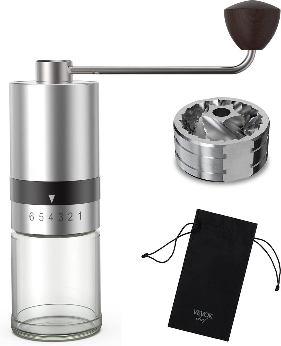 Handmatige Handkoffiemolen - 6 Instellingen - Met Verstelbare Keramische Molen van Roestvrij Staal voor Koffie, Espresso - French-Press, Aeropress - Zilver
