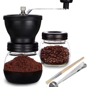 Handmatige Koffiemolen - Koffiebonenmaler - Verse Koffie - Keramische Braam - 2 Glazen Potten - Transparant