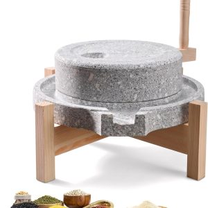 Handmatige graanmolen van natuursteen, 35 cm, handgemaakte steenmolen met houten standaard, nat/droogmolen voor tarwe, bonen, gerst, specerijen en koffie (9,8 x 13,7 inch)