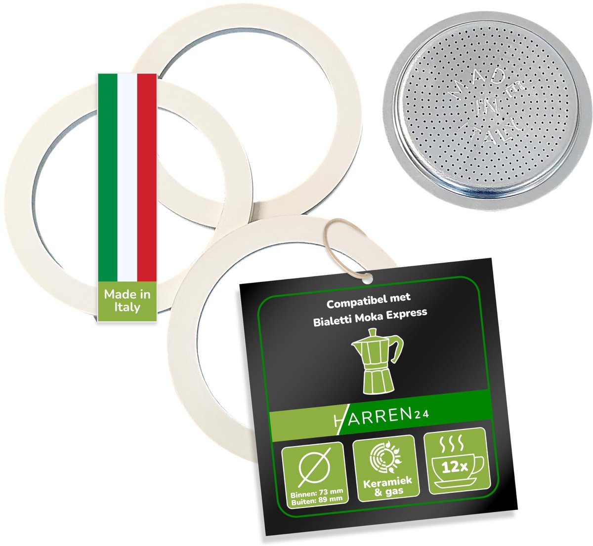 Harren24 filter en 3x pakking voor espressomachine, compatibel met Bialetti espressopotje voor 12 kopjes, Ø buiten 89 - ShopVlot