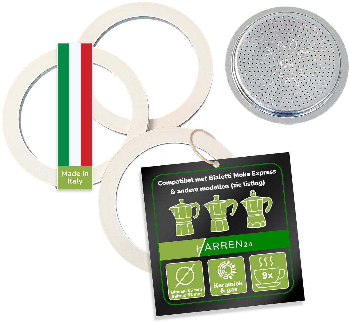 Harren24 filter en 3x pakking voor espressomachine, compatibel met Bialetti espressopotje voor 9 kopjes, Ø buiten 81 - ShopVlot