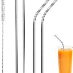 Herbruikbaar roestvrijstalen rietje, 4 stuks (2 recht + 2 gebogen), 22 cm om te drinken met 1 borstel, voor cocktail, melk, smoothie, ijskoffie