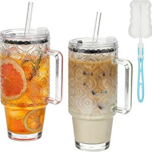 Herbruikbare glazen bekers met rietje en deksel - 730ml smoothie en ijskoffie glazen met handvat en reinigingsborstel voor milkshake, sap en cocktails