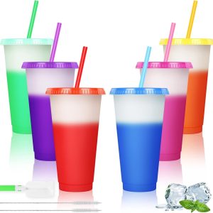 Herbruikbare kleurveranderende bekers, 6-pack BPA-vrije plastic tumbler set, 24 fl oz reisbekers voor ijskoffie, smoothies en milkshakes met rietje en deksel