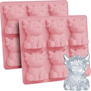 Highland cow ijsblokjesvorm, 3D siliconen vorm ijsblokjes, BPA-vrij,voor whisky, chocolade, gelei,cocktails,ijskoffie, grappig Schotse koeiencadeau,Roze,2 stuks