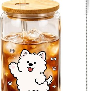 Hondenglazen, 500 ml drinkglas met natuurlijk bamboedeksel en rietje, schattig hondencadeau, glas voor ijskoffie, matcha, bubble tea, perfect voor hondenliefhebbers