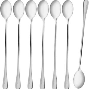 Hoogwaardige latte macchiato-lepel, 6 + 1, gratis set, 22,8 cm, lange lepel, longdrinklepel van roestvrij staal, cocktaillelepel, dessertlepel, ijskoffie, hoogglans gepolijst (zilver)