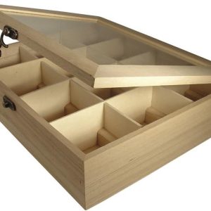 Houten theedoos met 12 vakken voor het opbergen van theezakjes - DIY theedoos voor koffiepads, specerijen, kruiden - Decoratieve opbergdoos - 285 x 235 x 7 cm beige Theedoos