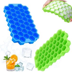 IJsblokjesvorm van silicone, set van 2, 37 vakken, honingraatvormige ijsblokjeshouder met deksel, stapelbaar, ijsblokjesvorm voor cocktails, whisky, babyvoeding en ijskoffie (blauw + groen)