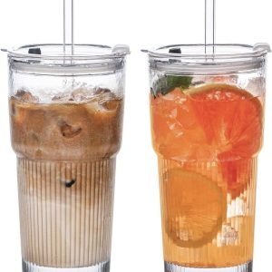 IJskoffie Bekers - Glazen Tumblers - Dranken Serveren - Geribbeld Ontwerp - 20oz - Transparant
