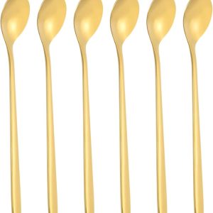 IJsttheelepel met lange steel, 6 stuks, 15,5 cm 304 roestvrij staal, lange koffielepels, cocktailroerlepels voor cocktailroeren, ijsthee, koffiebar, accessoires, goudkleur