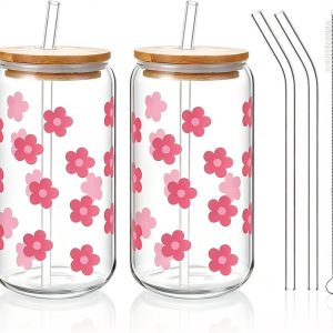Ijskoffie glazen - Roze - 230 x 188 x 100 mm - Borosilicaatglas met Houten Deksel - Set van 2 voor Thuis en Kantoor