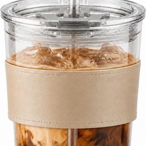 Ijskoffie glazen - Transparant - 380 ml - Borosilicaatglas met Deksel en Rietje - Voor Kantoor en Onderweg