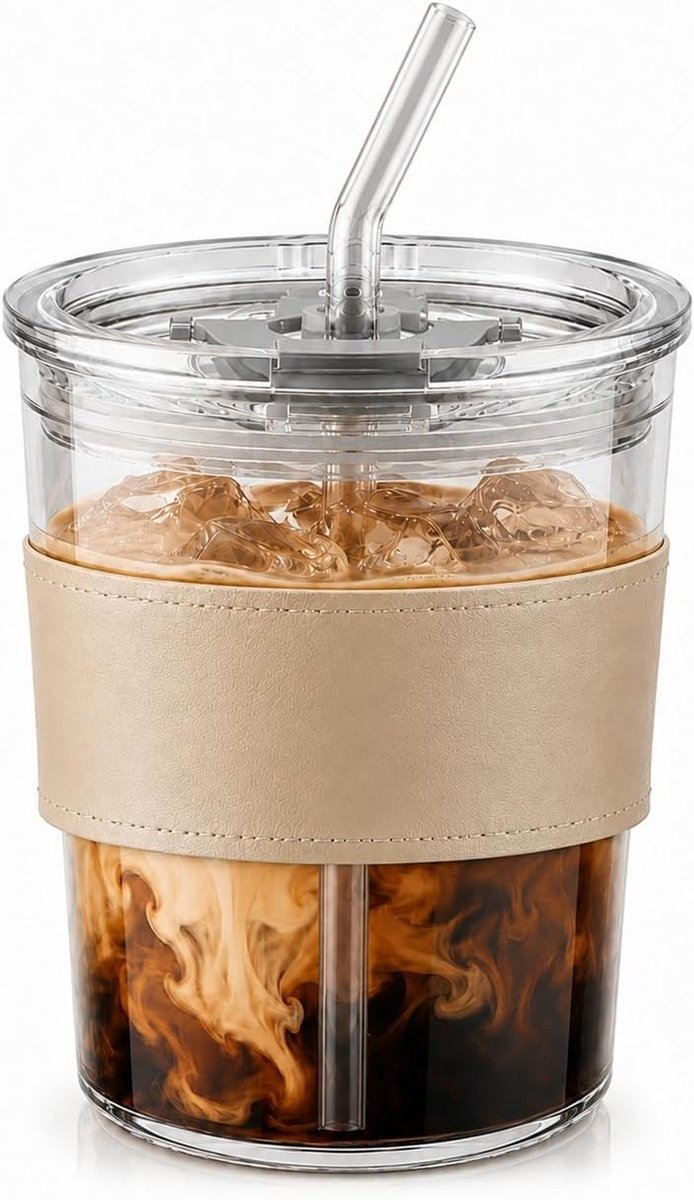 Ijskoffie glazen - Transparant - 380 ml - Borosilicaatglas met Deksel en Rietje - Voor Kantoor en Onderweg
