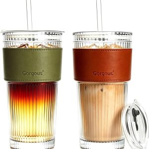 Ijskoffie glazen - Transparant - 600 ml - Geribbeld Glas met Deksel en Rietje - Voor Smoothies en Koude Dranken
