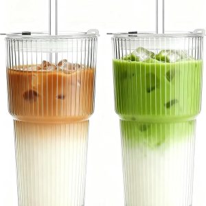 Ijskoffie glazen - Transparant - 600 ml - Geribbelde glazen met deksel en glazen rietje - Voor koude en warme dranken
