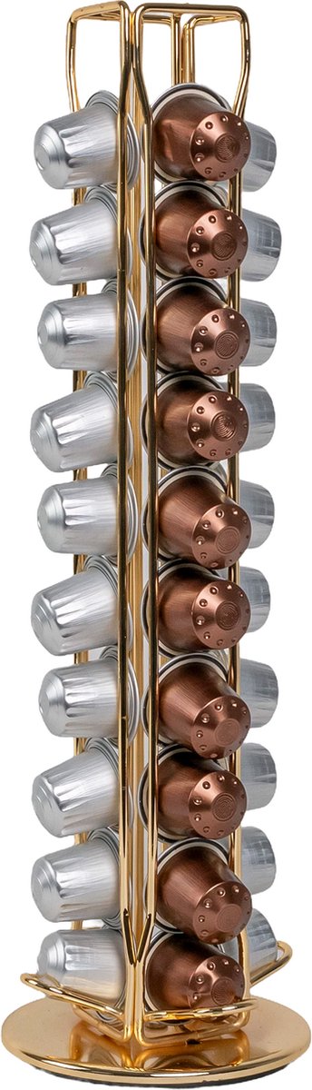 Intirilife Koffiecapsulehouder compatibel met Nespresso capsules (40 stuks) in Goud-kleurig ijzer - 11.5 x 37.5 cm - 360 graden draaibare capsulestandaard, opslag voor koffiecapsules, koffiepads