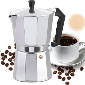 Italiaans koffiezetapparaat voor 2 kopjes, Italiaanse espressomachine, voor gas- en glaskeramische kookplaten, aluminium, zilver (100 ml)
