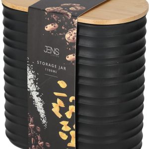 JENS Living Voorraadbus Ribbel Zwart - 1100 ml - Voorraadpot met Bamboe Deksel - Luchtdicht - Keuken Opbergpot Small