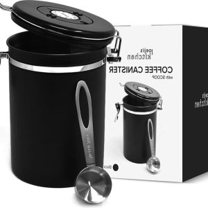 Joeji's Kitchen Koffieblik - luchtdicht roestvrij staal - 1800 ml - koffiebonen - aroma behoud - frisheid - maatlepel zwart koffiepads bewaarbus