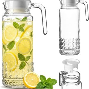 KADAX waterkaraf, 24,5 x 13 x 9 cm, glazen karaf met kunststof deksel, glazen kan van 1 liter met stevig handvat, glazen kan voor water, limonade, sap, ijsthee, ijskoffie en wijn, waterkan