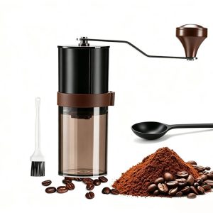 KZQ handmatige koffiemolen - Keramische maalsteen, instelbare maalgraad - Lichtgewicht en draagbaar, compact - Geschikt voor espresso, French press, kamperen en reizen - Capaciteit: 30 g - Bruin - Inclusief schoonmaakborstel en koffieschepje