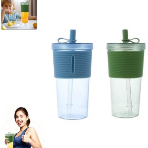 KZQ waterflessen met rietje - Dubbelwandige isolatie, lekvrij, herbruikbaar - Grote inhoud, perfect voor milkshakes, bubble tea en ijskoffie - Set van twee, gemakkelijk schoon te maken - Groen en blauw