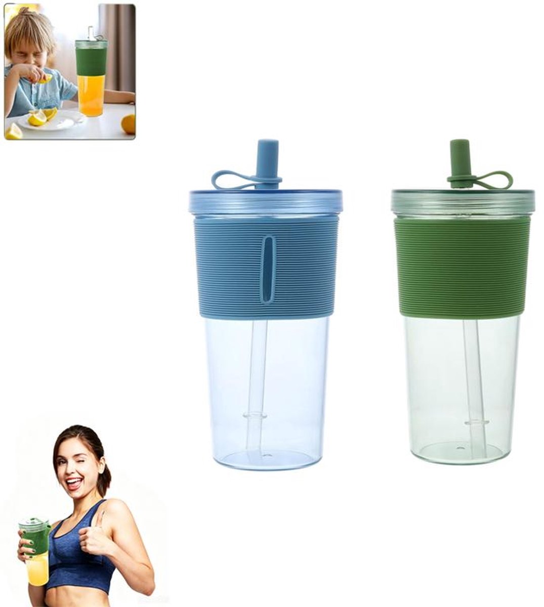 KZQ waterflessen met rietje - Dubbelwandige isolatie, lekvrij, herbruikbaar - Grote inhoud, perfect voor milkshakes, bubble tea en ijskoffie - Set van twee, gemakkelijk schoon te maken - Groen en blauw