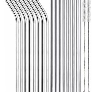 Kaiyaya - 18 stuks RVS Drinkrietjes - Herbruikbaar en duurzaam - Met 2 reinigingsborstels - Voor cocktails, ijskoffie en smoothies - Zilver, 21,5 cm