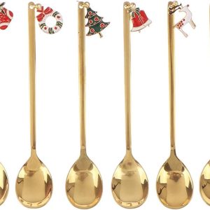 Kerstlepels, 6 stuks roestvrijstalen lepels kookset met kersthanger, koffieroerlepel theelepel dessertlepel, met geschenkdoos (goud)