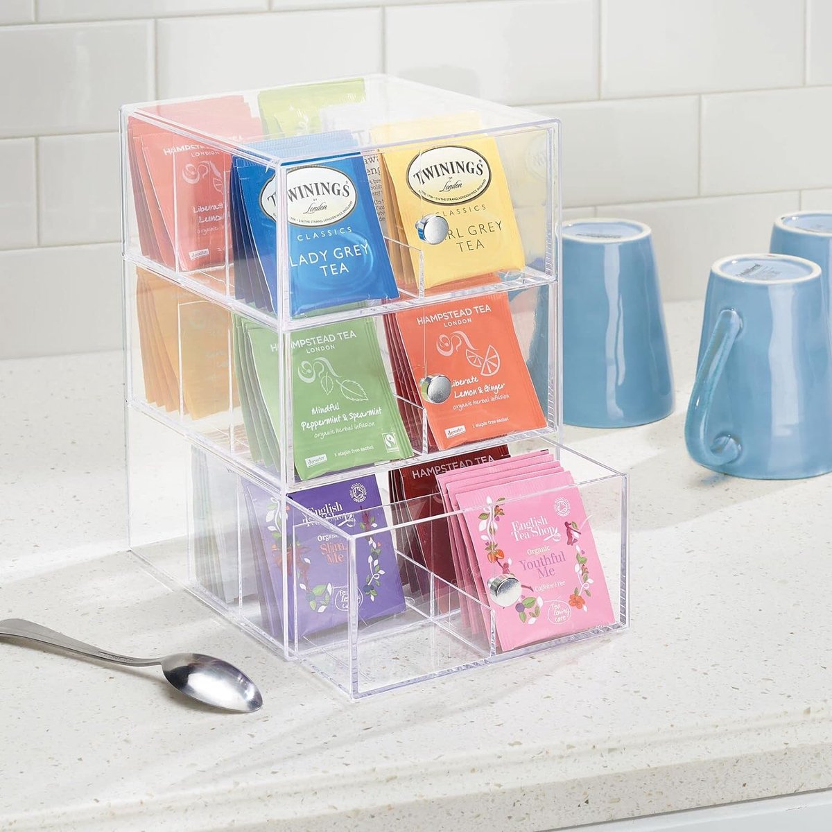 Keukenorganizer - opbergbox voor theezakjes en koffiecups - 18 compartimenten - 3 lades - doorzichtig