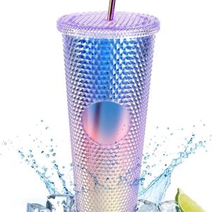 Klinknagelbeker met deksel en roestvrijstalen rietje, 710 ml, dubbelwandige koude beker van kunststof, drinkbeker, plastic beker met klinknagels, reismok voor ijskoffie of water to go