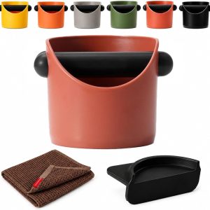 Koffie klopbox, ronde espresso-afvalbak met afneembare rubberen klopstang, siliconen stampmat en 30 x 30 cm katoenen wafeldoek, kleine antislip barista-accessoire