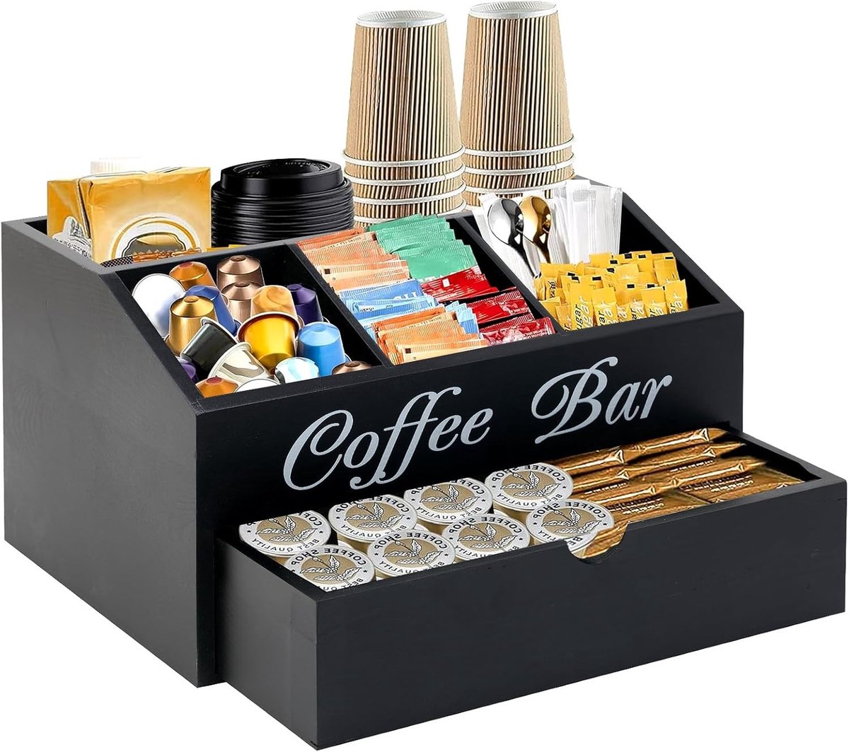 Koffiebar Organizer met Lade, Werkbladopslag voor Koffiepads, Thee en Specerijen, Keukenaccessoires voor een Georganiseerde Keuken