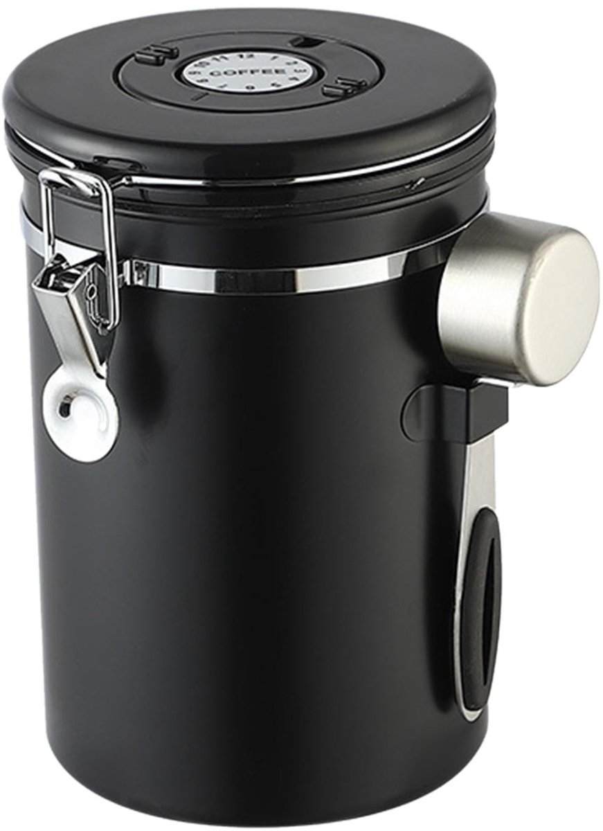 Koffiebewaarpot - Koffie Bewaarbus - Luchtdicht Koffieblik met CO2 Uitlaat - Bewaarblik voor Koffie, Koffiebonen, Thee, Suiker, etc. - Voorraadbus 1.8L - Zwart