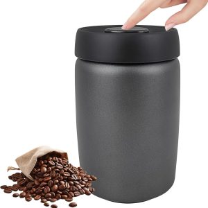 Koffieblik, 1,2 l, roestvrij staal, vacuümcontainer, koffiebonenhouder, luchtdicht, koffiebonenreservoir met vacuüm-pompdeksel, voor koffiebonen, thee, noten (zwart)