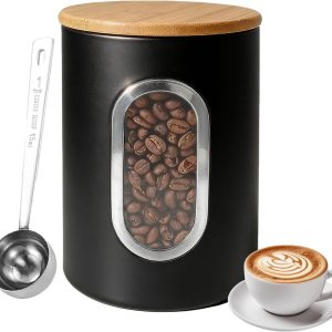 Koffieblik, 1,5 l, ijzeren koffiecontainer met transparant venster, koffieblik met houten deksel, luchtdicht koffieblik, voor gemalen koffie, noten, zwart