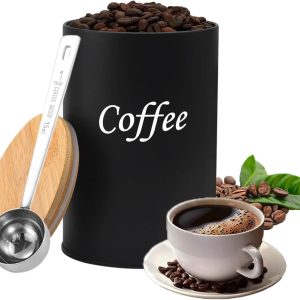Koffieblik, 500 ml bonendos met roestvrij stalen lepel, ijzeren koffieblik met houten deksel, opslag voor koffiebonen, Geschikt voor kantoren, woningen en cafés, Zwart