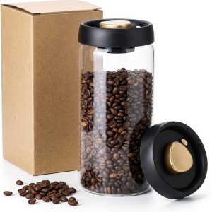 Koffieblik, Luchtdichte Koffiepot, 1800 ml, Glas | Afvoerknop, voor 500 - 800 g Koffiebonen, Thee, Noten en Droge Voeding
